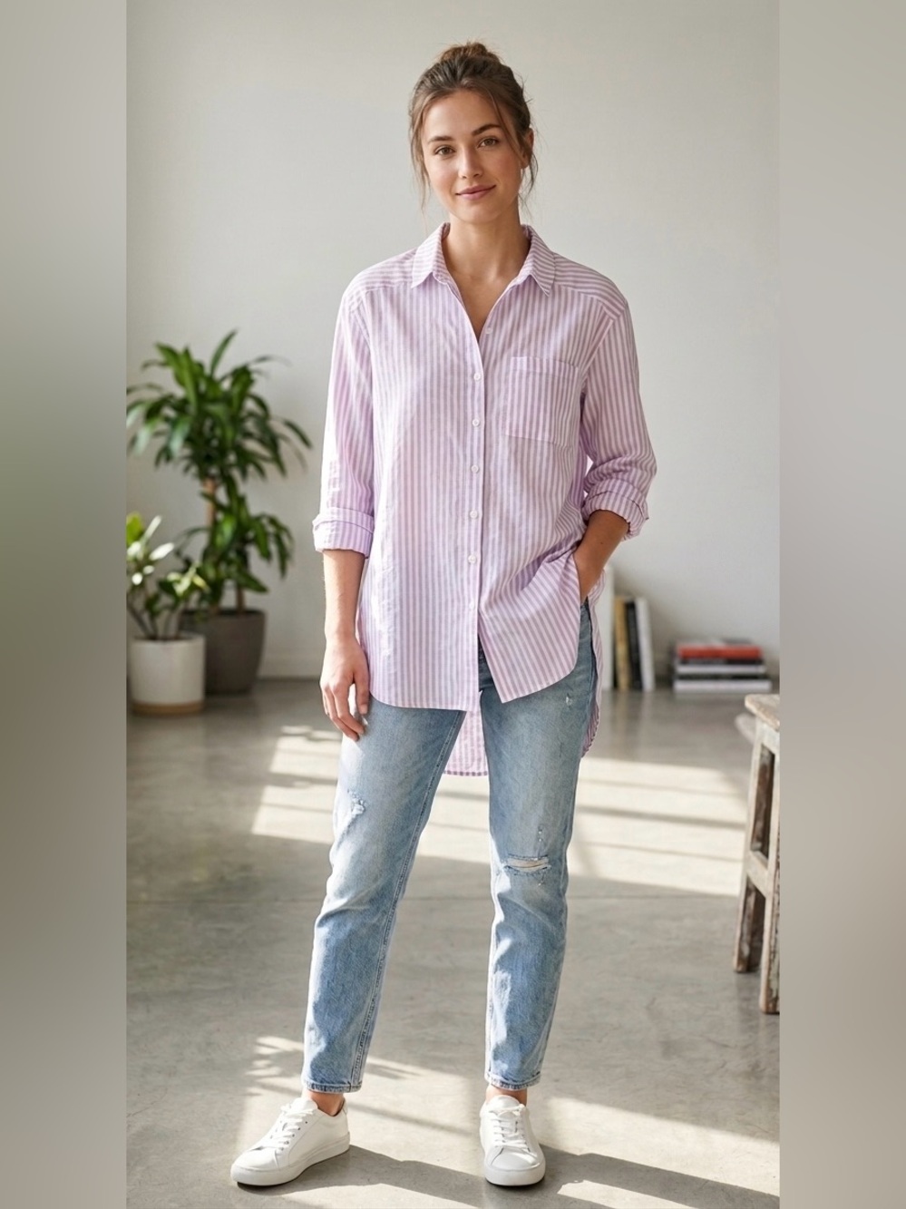 By Anthropologie Maeve Striped Oversized Button Down Shirt Purple White XS